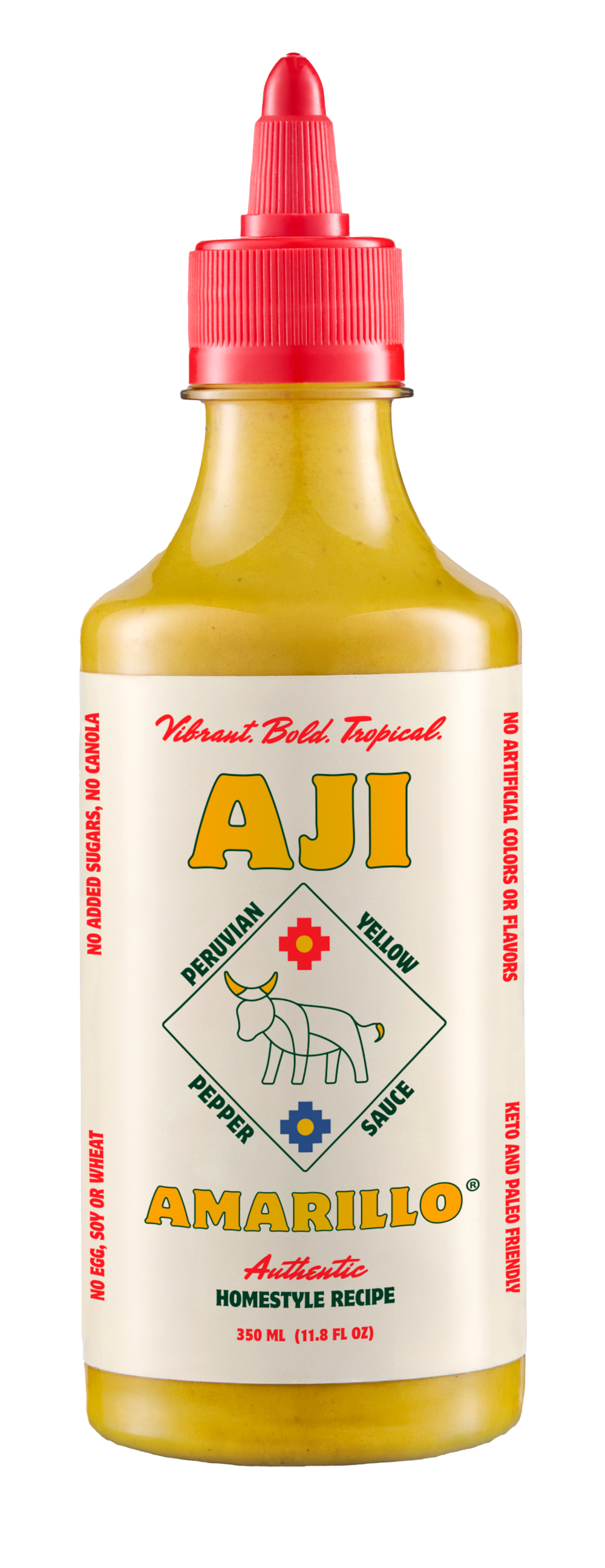 Bottle of Amarillo hot sauce with a red cap on a transparent background