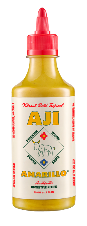 Bottle of Amarillo hot sauce with a red cap on a transparent background