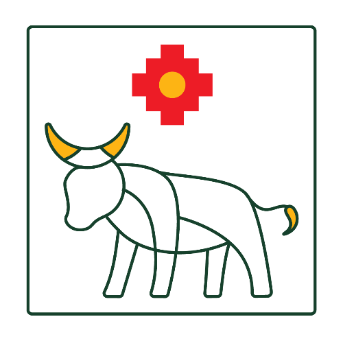 Logo with a bull and a red Inca Cross "sun" symbol on a white background
